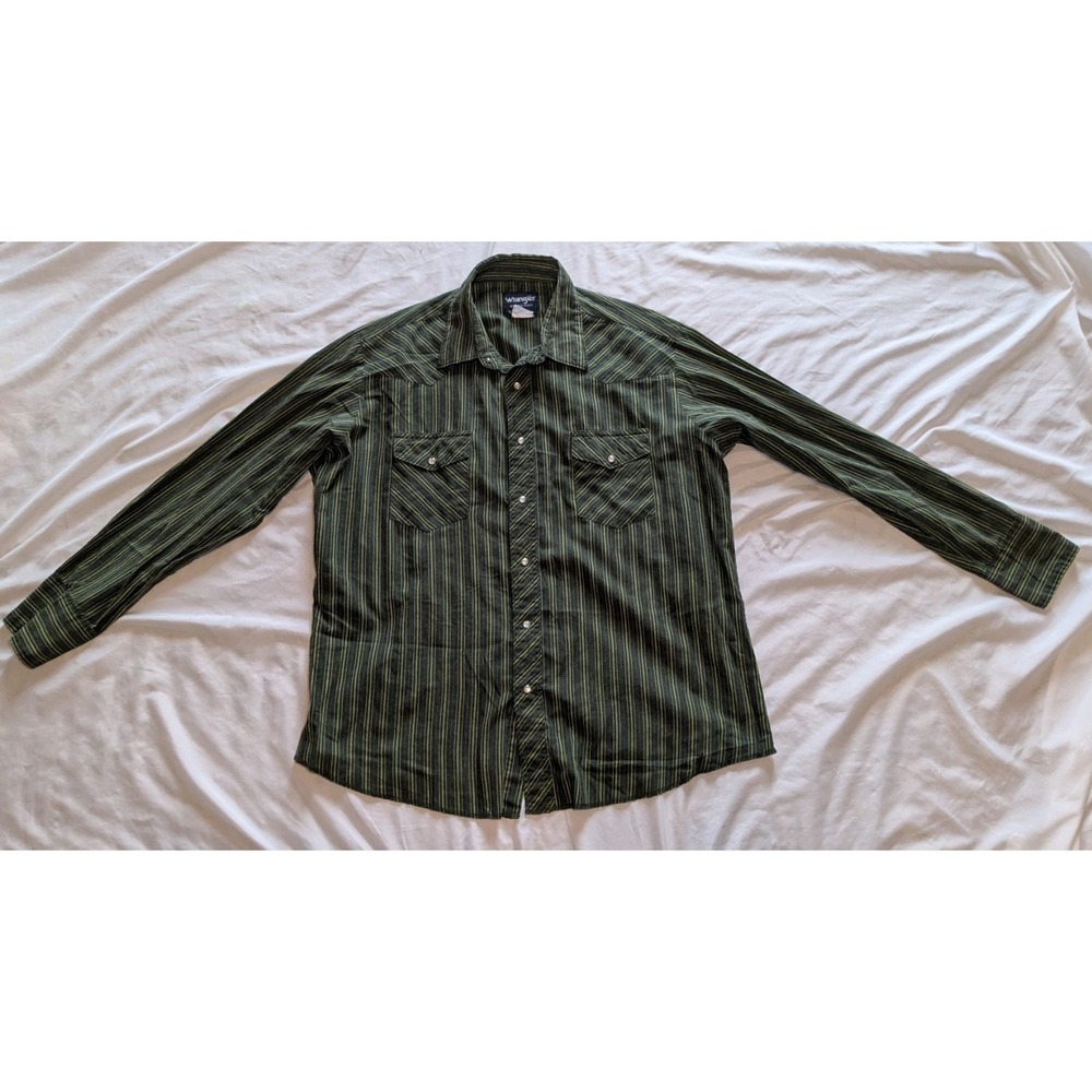 Vintage Wrangler Men's Green‎ Striped Western Shirt With Pearl Snaps No Size Tag